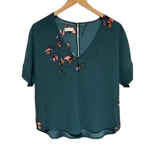 Gentle Fawn Emerald Green Floral Print V-Neck Blouse, Size Small